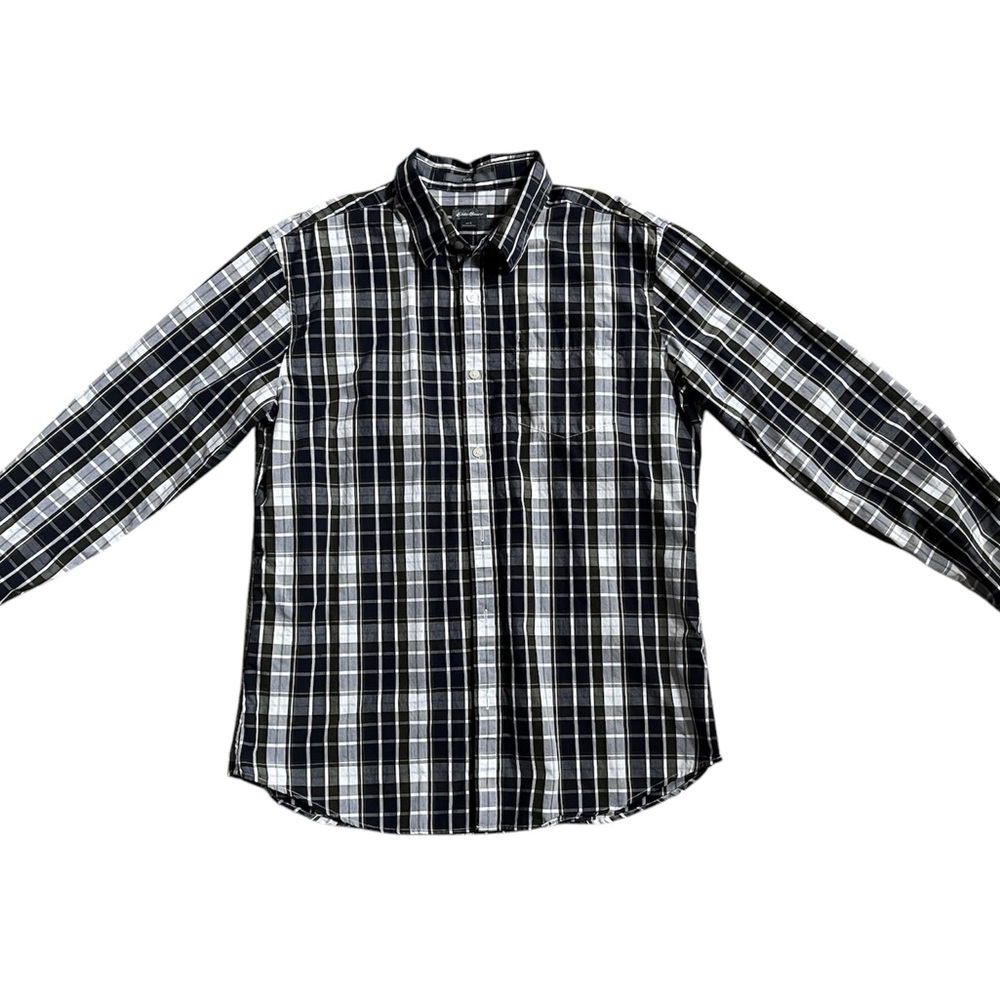 eddie bauer men large classic fit black white yellow button down plaid shirt